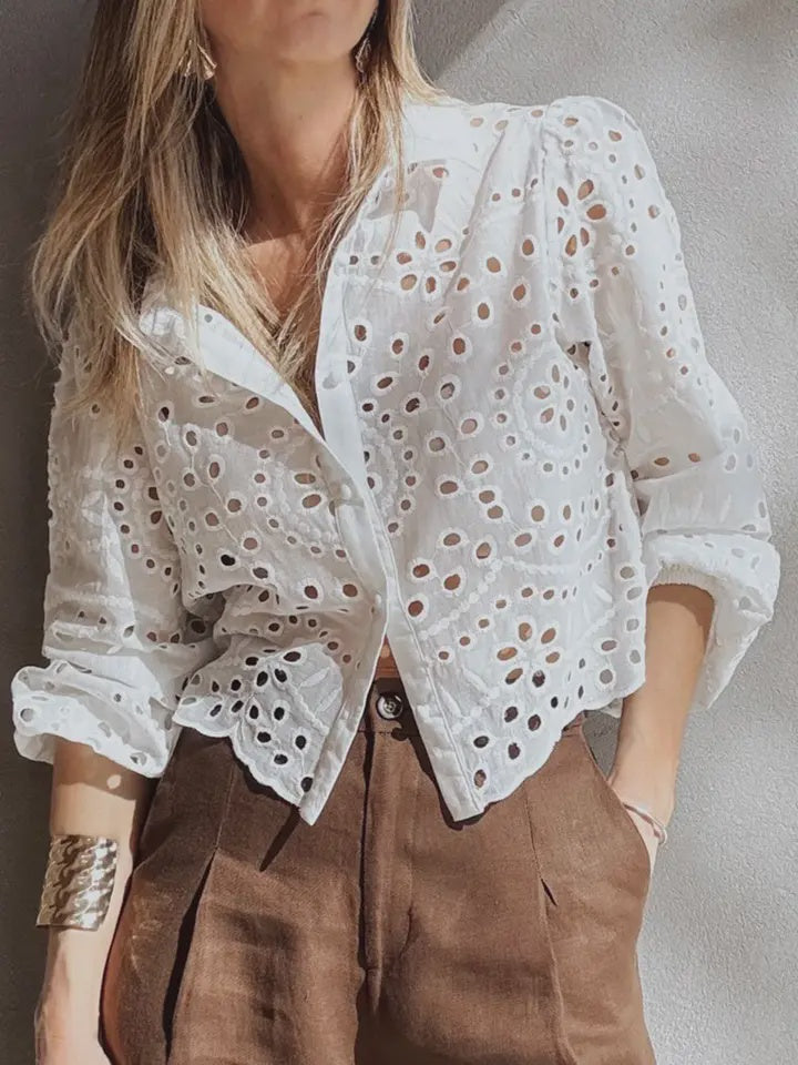 White Eyelet Embroidered Puff Sleeve Crop Shirt