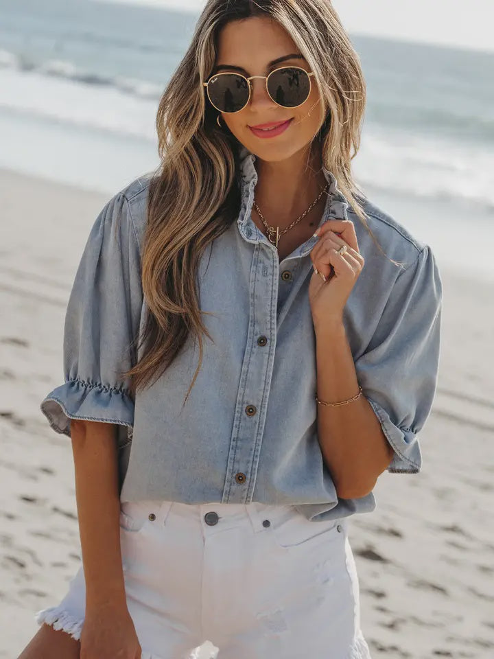 Beau Blue Ruffle Short Puff Sleeve Summer Chambray Shirt