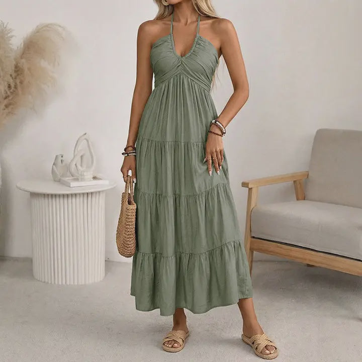 Women's long dress with V-neck and layered halter neckline