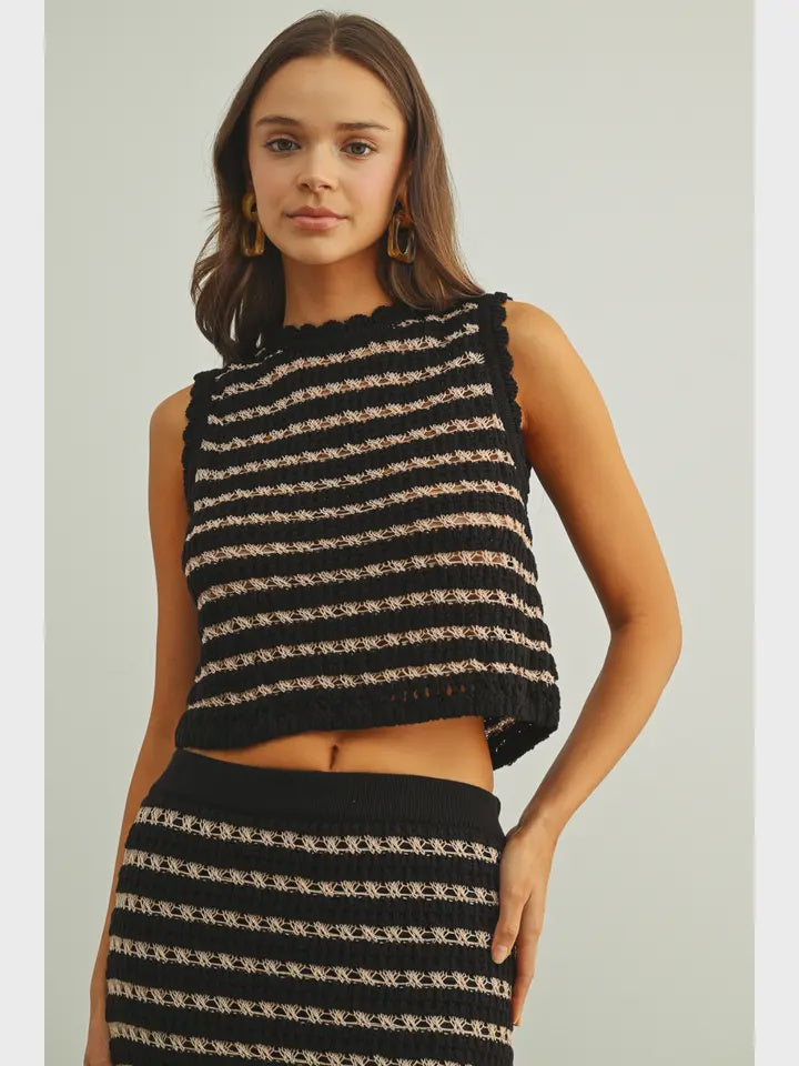 Crochet Knit Top Blk/ tan