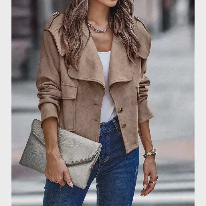 Button Notch Collar Faux Suede