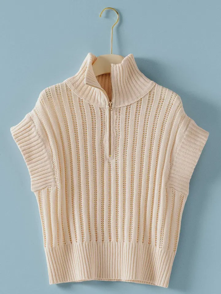 Ribbed Knit Half Zip Ivory