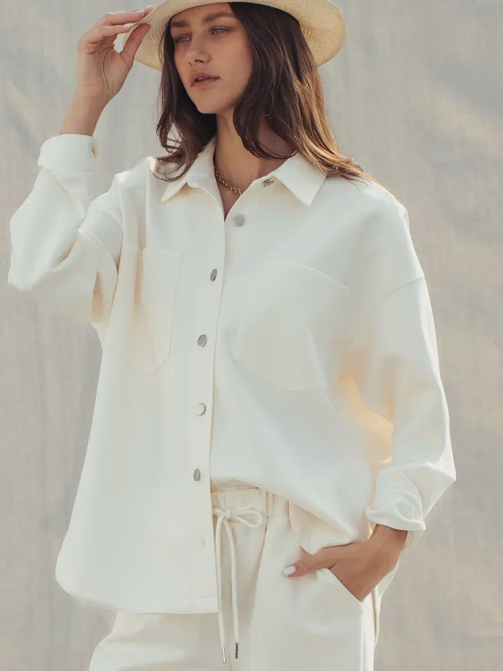 Cotton Blend Oversized Shirt Jacket Utility Pocket Ivory