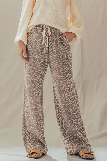 leopard wide leg drawstring pants