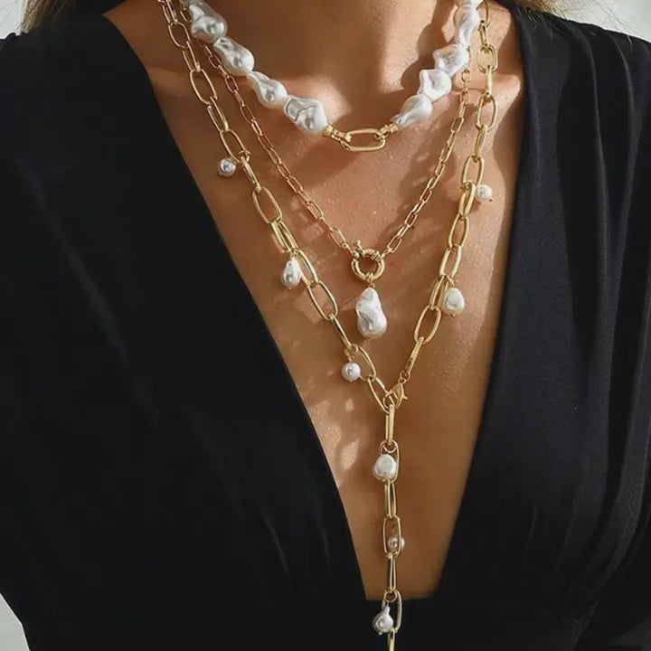 Gold Alloy Plated Chain Baroque Pearl 3pcs Layered Necklace Set