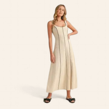 Stretchy Linen Blk Piping flare Dress